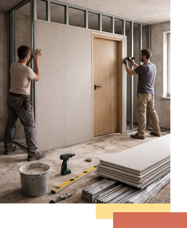 Перегородка из гипсокартона с дверью под ключ в Липецке