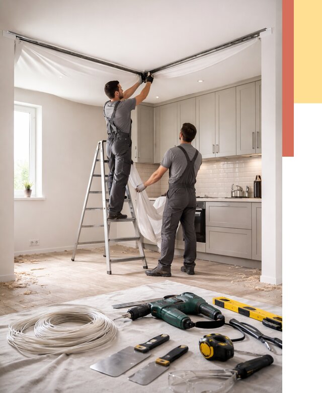 Установка натяжного потолка на кухне в Липецке от 2495 руб. | ОТДЕЛОЧНИК-Лпц