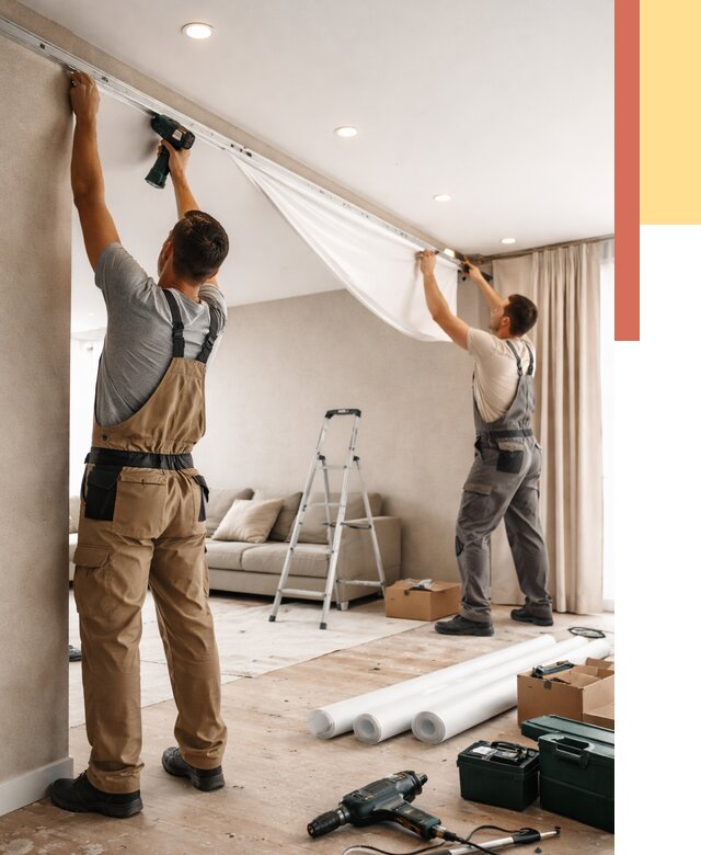 Монтаж натяжного потолка в гостиной в Липецке от 572 руб. | ОТДЕЛОЧНИК-Лпц