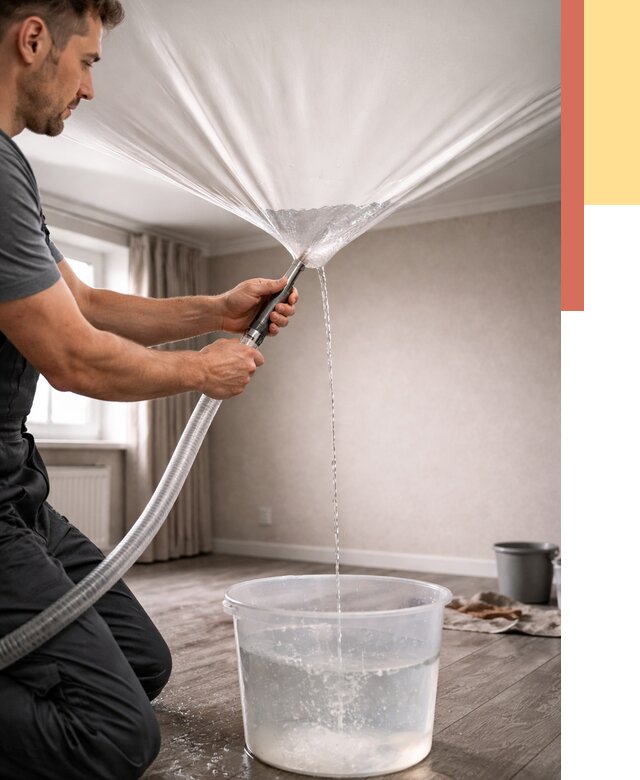 Слив воды с натяжного потолка в Липецке от 2599 руб. быстро и недорого | ОТДЕЛОЧНИК-Лпц