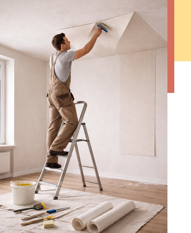 Поклейка обоев на потолок в Липецке от 4677 руб. быстро и недорого | ОТДЕЛОЧНИК-Лпц